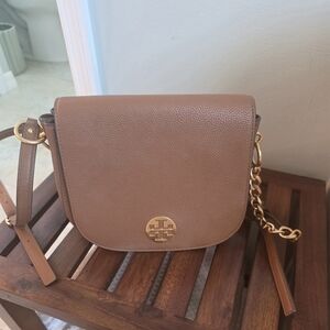 Tory Burch Brown Pebbled Leather Crossbody with Gold Chain Accent